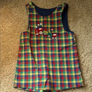 Vintage Colorful Plaid Toddler Overalls with Train Design